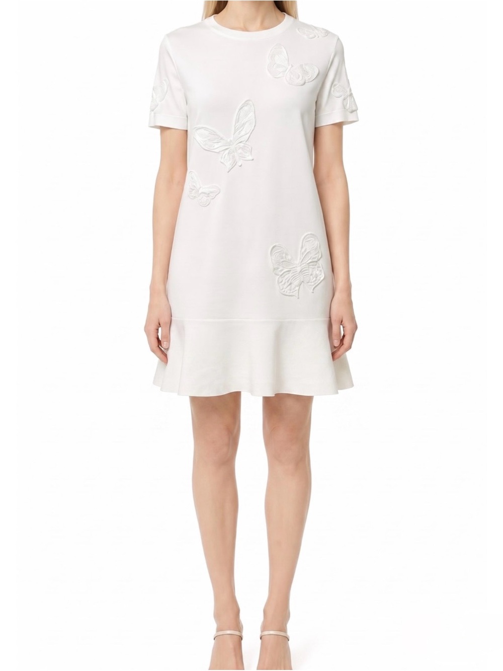 Valentino White Embroidered Beaded Butterfly Short-Sleeve Dress